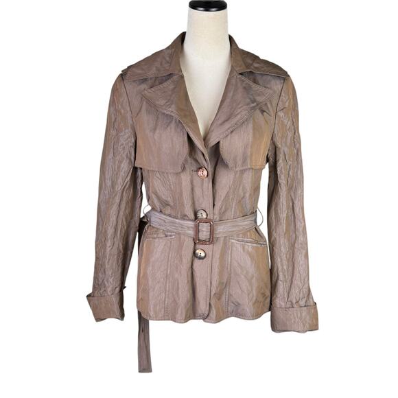 Lafayette 148 New York Metallic Crinkle Brown Belted Trench Blazer Jacket - Picture 1 of 15